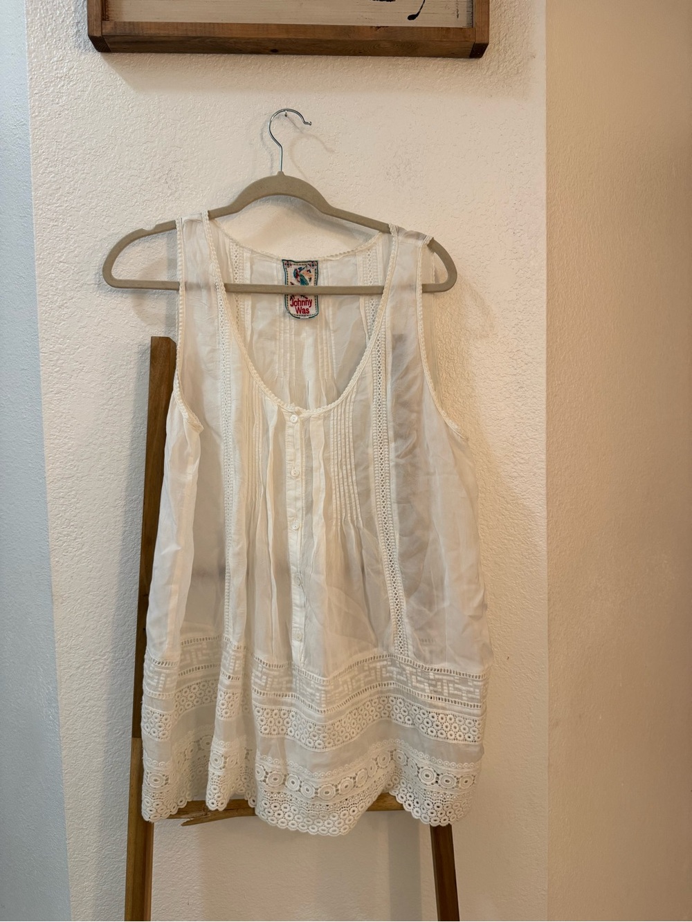 Johnny Was Cream Lace-Trimmed Cotton Camisole